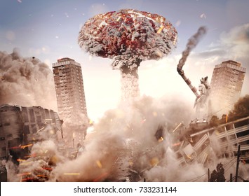 Nuclear Explosion In A City. Buildings Collapsing From The Blast.