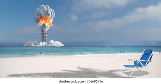 Nuclear explosion on an island in the ocean.