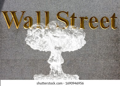 Nuclear Explosion On Wall Street Stock Exchange Sign Detail