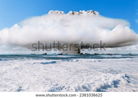 Nuclear explosion testing a hydrogen bomb at sea in water with a wave and a mushroom of smoke, concept. Nuclear war and explosion. Strength and power, creative idea
