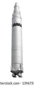 Nuclear Intercontinental Ballistic Missile From Cold War Era Isolated On White Background Vertical Side View Of Silver Painted Ground To Space Rocket Vehicle With Massive Atom Warhead Design Reference