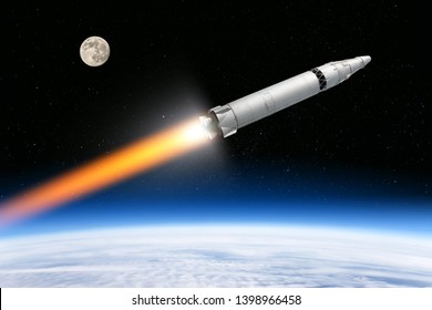 Nuclear Intercontinental Ballistic Missile From Cold War Era Flying Out Of Planet Earth Aerial View Of Launch Ground To Space Rocket Vehicle With Atom Warhead Original Artwork No Elements By Nasa Used