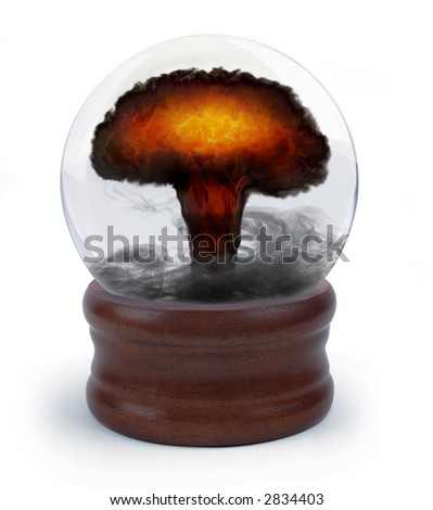 nuclear mushroom cloud appearing inside a crystal ball on white background