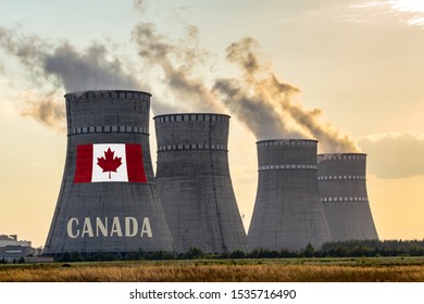 Nuclear Plant Chimneys Displaying Flag Of Canada With According Text. Energy Pollution Accidents In A Country Concept.