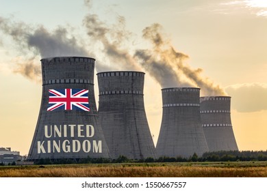 Nuclear Plant Chimneys Displaying Flag Of UK With According Text. Energy Pollution Accidents In United Kingdom Concept.