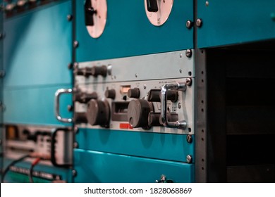 Nuclear Plant Command Center. Close Up Of Dashboard And Switches Used During The '80s. Vintage Technology, Cold War Concept, Eastern Culture, Old Console, Server, Data Room.