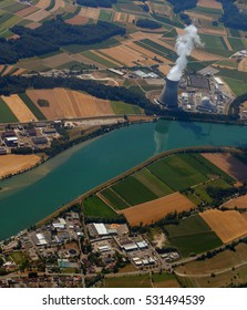nuclear power plant with a bird's-eye view. pollution of ecology