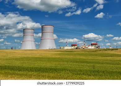 Nuclear power plant, cooling towers and power lines in Ostrovets, Grodno region, Belarus.