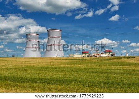 Nuclear power plant, cooling towers and power lines in Ostrovets, Grodno region, Belarus.