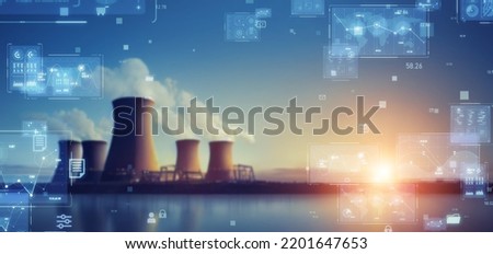 Nuclear power plant and technology. Wide image for banners, advertisements.