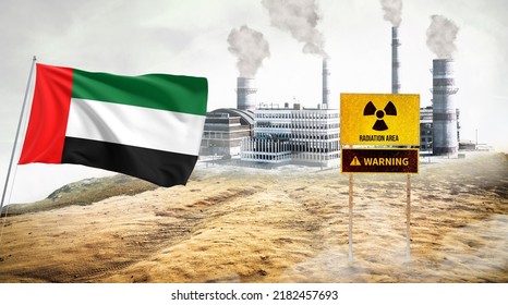 Nuclear Power Stations In United Arab Emirates Flag. Nuclear Radioactive Warning Sign.