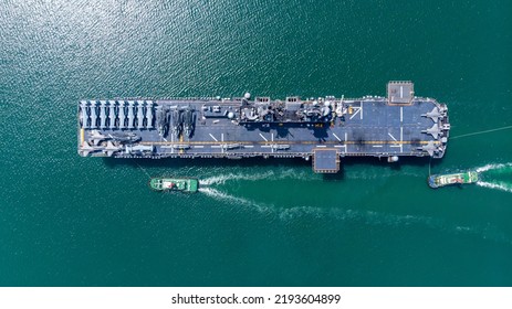 Nuclear Ship Military Navy Ship War Ship Carrier Full Loading Fighter Jet Aircraft And Helicopter Patrol. Top View