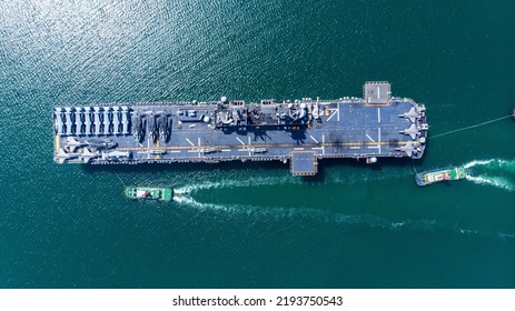 Nuclear Ship Military Navy Ship War Ship Carrier Full Loading Fighter Jet Aircraft And Helicopter Patrol. Top View