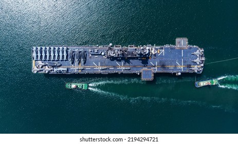 Nuclear Ship Military Navy Ship War Ship Carrier Full Loading Fighter Jet Aircraft And Helicopter Patrol. Top View