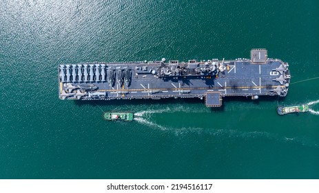 Nuclear Ship Military Navy Ship War Ship Carrier Full Loading Fighter Jet Aircraft And Helicopter Patrol. Top View