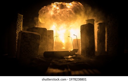 Nuclear war apocalypse concept. Explosion of nuclear bomb in city. City destroyed by atomic war. Creative artwork decoration in dark. Selective focus - Shutterstock ID 1978238801