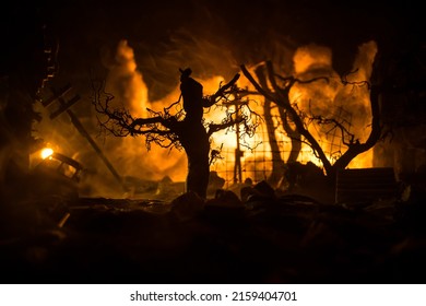 Nuclear war apocalypse concept. Explosion of nuclear bomb in city. City destroyed by atomic war. Creative artwork decoration in dark. Selective focus