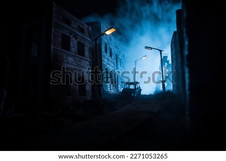 Nuclear war apocalypse concept. Explosion of nuclear bomb in city. City destroyed by atomic war. Creative artwork decoration in dark. Selective focus