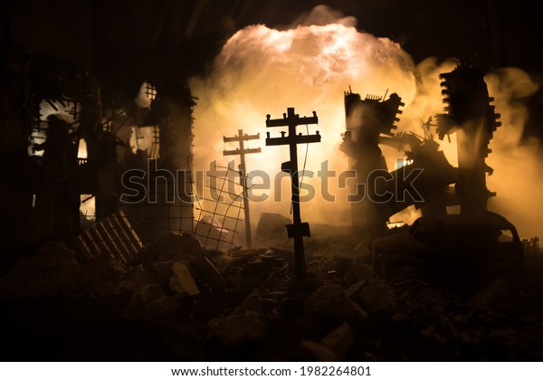Nuclear war apocalypse concept. Explosion\
of nuclear bomb in city. City destroyed by atomic war. Creative\
artwork decoration in dark. Selective\
focus