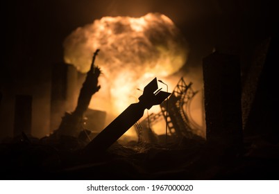 Nuclear war concept. Explosion of nuclear bomb. Apocalyptic view of city downtown after bombing. Night scene. City destroyed by war. - Shutterstock ID 1967000020