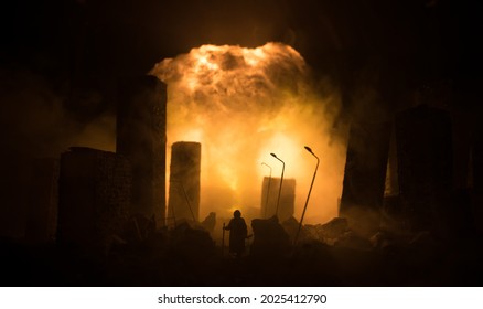 Nuclear war concept. Explosion of nuclear bomb. Creative artwork decoration in dark. City destroyed by atomic bomb. Selective focus - Shutterstock ID 2025412790