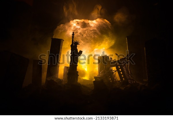 Nuclear war concept. Explosion of nuclear bomb.\
Apocalyptic view of city downtown after bombing. Night scene. City\
destroyed by war.