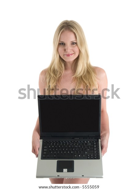 Nude Blonde Woman Presenting Open Laptop Stock Photo Edit Now