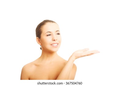 Nude Woman Open Hand Showing Space Foto Stok Shutterstock