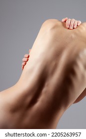 Nude Woman Torso With Arms Embracing Naked Body. Back, Fingers Visible. Studio Shot On A Grey Background