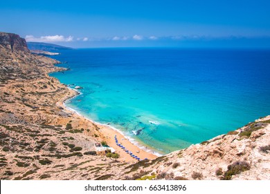 The nudist beach of kokkini ammos (red sand) at Matala, Crete, Greece.