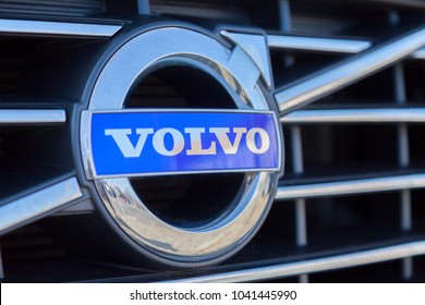 NUERNBERG / GERMANY - MARCH 4, 2018: Volvo logo on a Volvo car at a Volvo car dealer in Germany. 