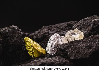 Nugget Of Silver And Gold Stone And Rough Diamond, In Mine, Concept Of Precious Stone Mining Or Mineral Extraction, Mineralogy Industry