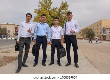            Nukus, Uzbekistan, 27/09/2019: Four Young Uzbek Students Groomed To Go To University                    