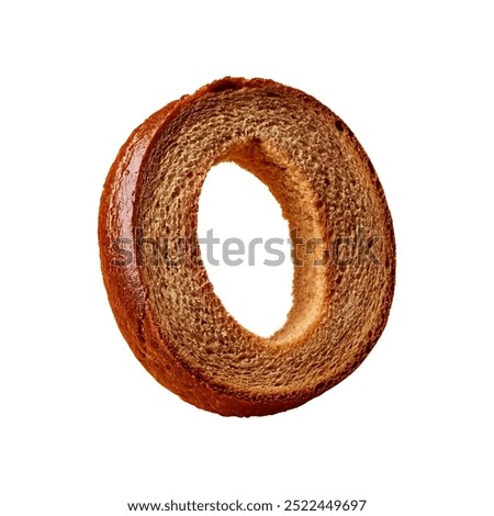 Number 0, one cut piece of rye bread floats in the air, 3d number text in the shape of bread render, isolated white background
