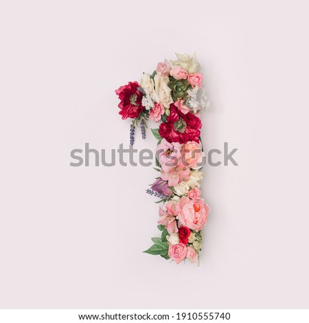 Number 1 made of real natural flowers and leaves. Flower font concept. Unique collection of letters and numbers. Spring, summer and valentines creative idea.