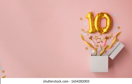 Number 10 Birthday Balloon Celebration Gift Box Lay Flat Explosion