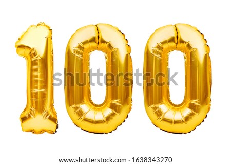 Number 100 one hundred made of golden inflatable balloons isolated on white. Helium balloons, gold foil numbers. Party decoration, anniversary sign for holidays, celebration, birthday, carnival