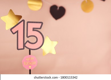 Number 15 With Birthday Party Background Pink, Gold And Black Colors. 15 Years Party Invitation. Quinceanera.