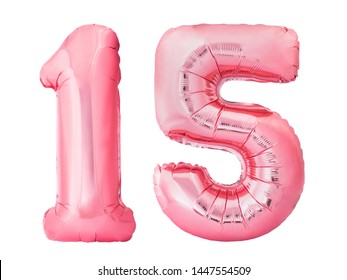 Number 15 fifteen made of rose gold inflatable balloons isolated on white background. Pink helium balloons forming 15 fifteen number
