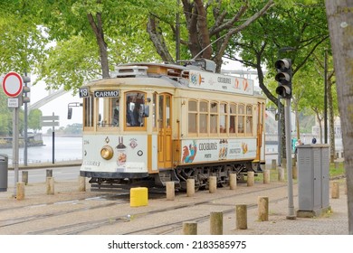 The Number 18 Tram At A Stop In Porto, Portugal, Europe, Driver Wearing A Mask Due To Covid Restrictions 16 MAY 2022