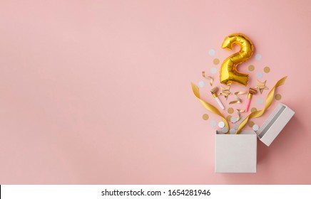 Number 2 birthday balloon celebration gift box lay flat explosion - Shutterstock ID 1654281946