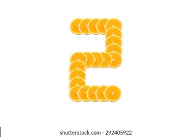 Number 2 (two) Alphabet, Made Of Sliced Citrus, Orange Fruit Isolated On White Background.