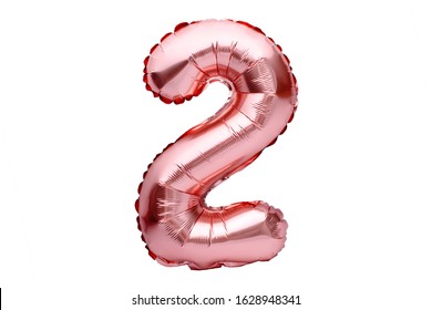 Number 2 two, made of rose golden inflatable helium balloon. Gold pink foil balloon font part of full set of numbers, isolated on white. Birthday party celebration, sales and discounts concept