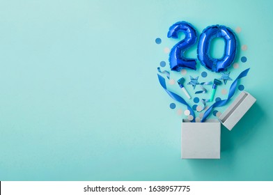 Number 20 birthday balloon celebration gift box lay flat explosion - Shutterstock ID 1638957775