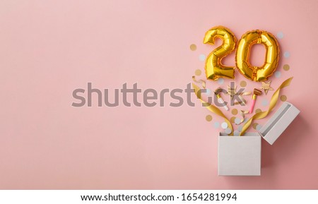 Number 20 birthday balloon celebration gift box lay flat explosion
