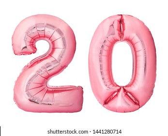 Number 20 twenty made of rose gold inflatable balloons isolated on white background. Pink helium balloons forming 20 twenty number. Discount and sale or birthday concept - Shutterstock ID 1441280714