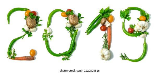 Number 2019 Written With Vegetables, As A Metaphor Or Concept For Healthy Food, Living, Diet, Recipe. Isolated On White Background. Happy New Year. End Of The Year Resolution 