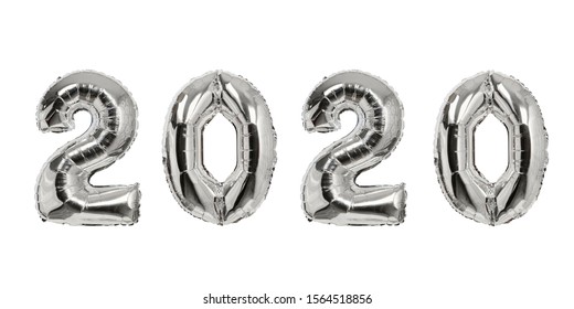 Number 2020 Of Silver Balloons. White Background. New Years Concept