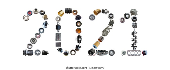 Number 2021 Written With Truck, Tractors And Car Spare Parts.New Year Concept For Repair Shop, Workshop, Diy Isolated On White Background. Banner.