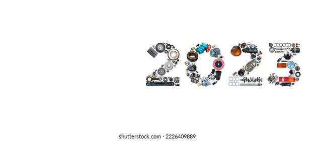 Number 2023 written with truck, tractors and car spare parts. New year concept for repair shop, workshop, diy isolated on white background. Banner.